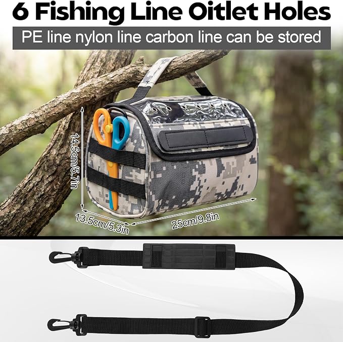 2 Pcs Fishing Line Management Bag Waterproof Nylon Fishing Line Storage Bag Transparent Window Removable Divider Leader Lines Spool Organization, Camouflage Khaki