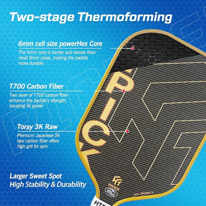 Pickleball Paddles, Carbon Fiber Pickleball Paddle High Grit & Spin with PP Honeycomb Core 16mm Thickness and Thermoformed Elongated Shape, Increased Power for Ultimate Spin & Consistency