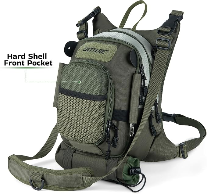 Goture Fly Fishing Chest Pack, Lightweight Chest Pack Tackle Storage Bag, Fly Fishing Bag with Adjustable Padded Neck Strap and Waist Strap, Hard Shell Front Pocket, Water Bottle Pouch, Gifts for Men