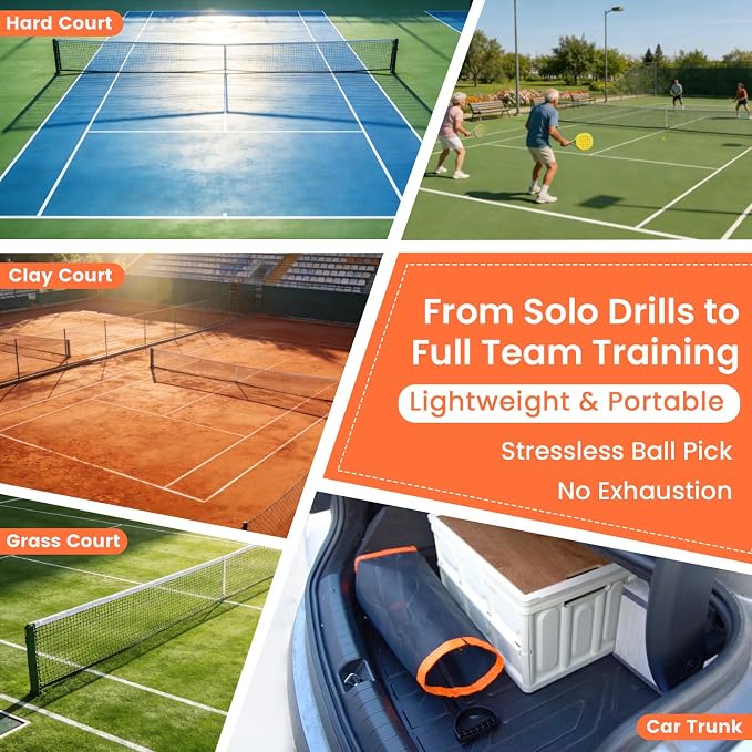 Rolling Tennis Ball Hopper with Wheels - Pickleball Picker Upper and Tennis Ball Basket - Adjustable Tennis Ball Picker and Pickleball Hopper - Portable Wheeled Ball Collector for Courts
