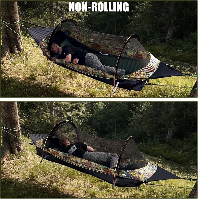 Night Cat Upgraded Flat Lay Hammock Tent Combo with Sleeping Pad Non Rolling for 1 Person Adults 330LBS 87x28x19in