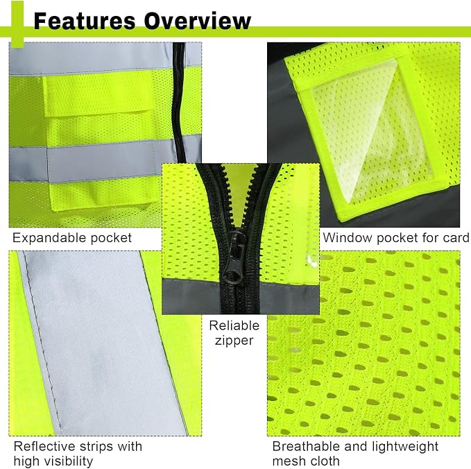 Newcotte 15 Pack Safety Vests Bulk Yellow Reflective High Visibility Vest with Mesh Pocket Zipper, Hi Vis Silver Strip for Men, Neon