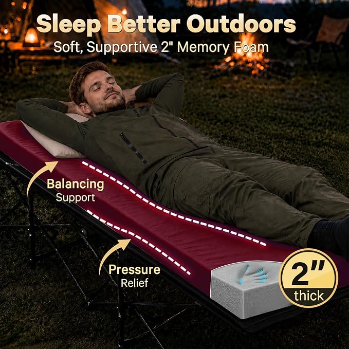 CYMULA Camping Cot Pad 2 Inch Memory Foam, Camping Pad for Folding Cot and Foldable Cot, Portable Roll Up Camp Gear for Car Camping Travel Tent, Non-Slip Waterproof Bottom, Removable Cover, Pad Only