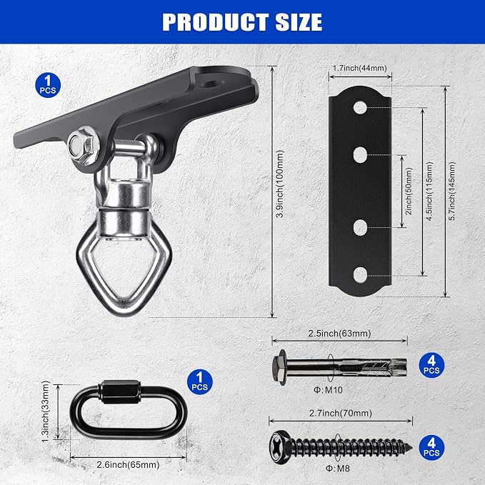 Dolibest Heavy Duty Swing Hanger with Bearing, Ceiling Mount Swing Hook,One-Piece Design Base, Swing Set Hardware for Punching Bag, Boxing, Hammock Chair, Yoga Swing, Porch Swing (360° +180° Rotation)