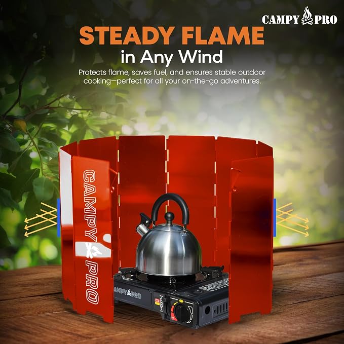 Red Camping Stove Windscreen, 12-Plates Premium Aluminum Wind Guard Shield, Foldable Portable Design with Storage Box, Heavy-Duty, Butane Burner Windshield for Outdoor Cooking