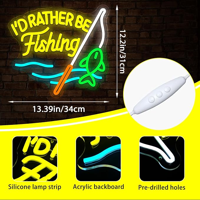 I'd Rather Be Fishing Neon Sign for Wall Decor Fishing Neon Light Man Cave | Dimmable Neon,Fisherman Birthday Fishing Gifts,Led 5V USB Powered,Fishbowl,Fish Room Decor,Business Shop Wall Art,13.3*12.2in