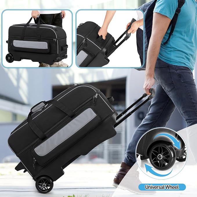 GOBUROS 3 Ball Roller Bowling Bag with Multi Accessory Pockets and Shoes Compartment, Fits 2 Pairs of Size 16 Shoes, 3 Ball Bowling Bags with Large Wheels and Retractable Handle Extends to 41.5"