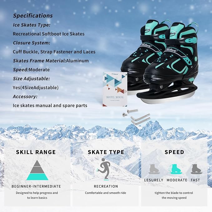 MammyGol Adjustable Ice Skates for Kids Youth Tean Hockey Lace-Up Boys or Girls Ice Skate for Beginner Age 4-12 Blue Black Teal Green