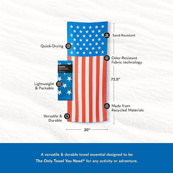 Nomadix Original Towel - Perfect for Beach, Pool, Travel, Camping, Yoga - Made with Recycled Materials - Super Absorbent - Sand Resistant - American Flag - 72.5x30