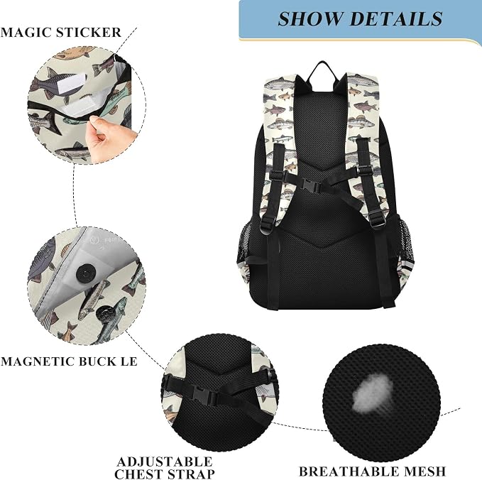 Fisyme Vintage Fish School Backpack Laptop Backpack Bags Bookbag Travel Casual Computer Notebooks Daypack
