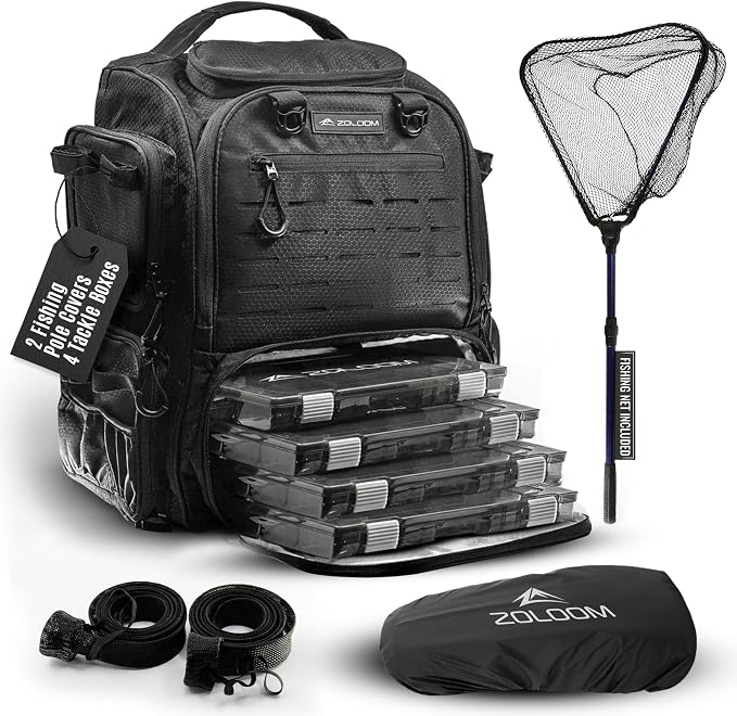 Waterproof Fishing Backpack with Tackle Boxes, Rod Holder & Foldable Net - 40L Fishing Tackle Bag with Trays Included, Extra Storage Gear and Equipment, Rain Cover, Fisherman Gift for Men