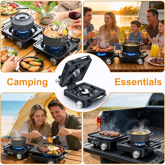 2-Burner Pro Camping Stove,24000 BTU Camp Stove,Foldable Propane Stove Includes Carry Bag,Windscreen Griddle, Portable Stove,Camping Essentials,Suitable For Outdoor Cooking,Tailgating,Grilling (Black)
