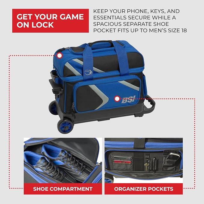 BSI Dash Roller Bowling Bag with Smooth Rolling Wheels, Padded Ball Compartment, Retractable Locking Handle, & Shoe Pocket