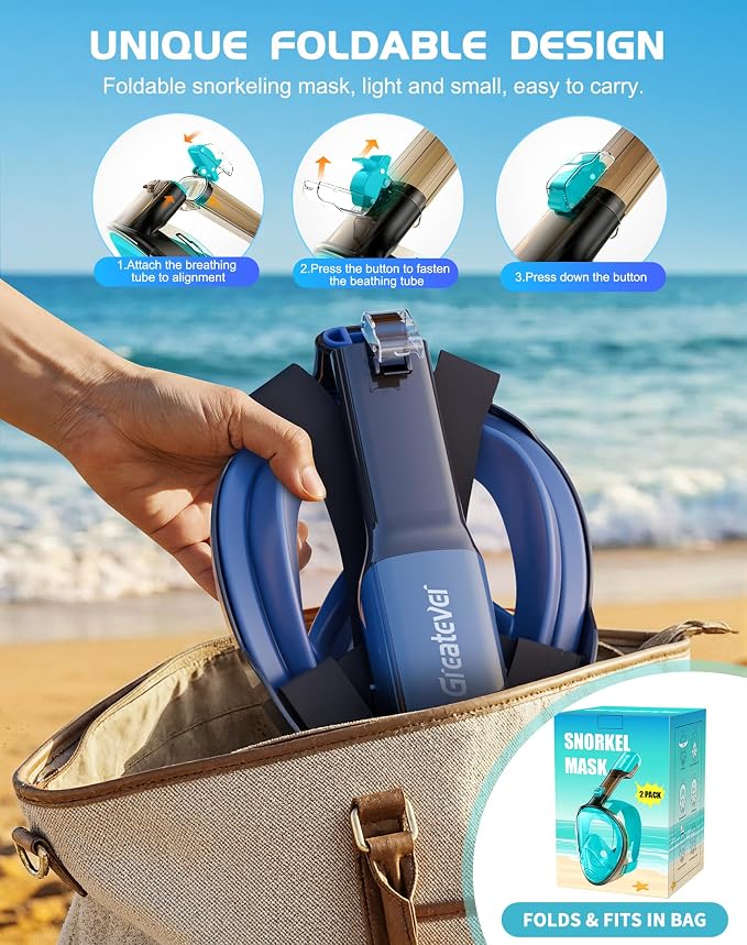 Greatever Full Face Snorkel Mask, Snorkeling Gear for Adults with Latest Dry Top Breathing System and Detachable Camera Mount, Foldable Snorkel Set for Family Snorkeling Trips, Anti-Fog & Anti-Leak