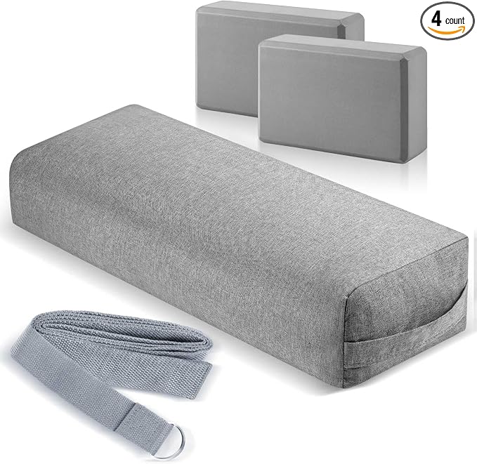 4 Pcs Yoga Bolster Pillows Blocks with Strap Set Comfortable Meditation Pillow with Carry Handle for Restorative Non Slip Reusable Yoga Blocks for Balance, Pilates, Washable Cover