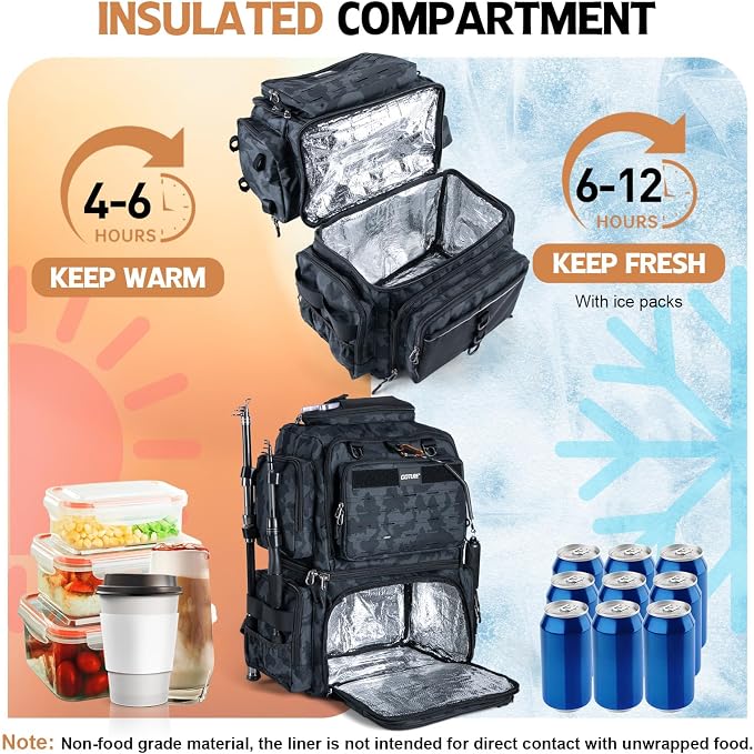 Goture Fishing Backpack, 78L 600D Water-Resistant Insulated Tackle Backpack with Cooler, Rod Holders, 8 Lure Pockets, Rain Cover, Gear Storage Large Fishing Bag for Camping Hiking(Without Tackle Box)