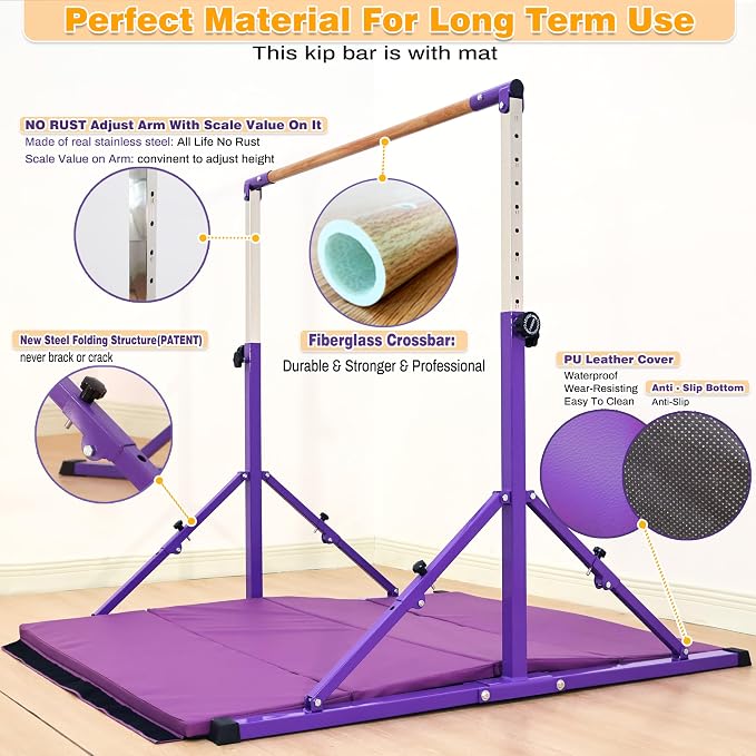 MARFULA 4FT/5FT Gymnastic Bar Set Gymnastics Kip Bar with 5 Ft Length 4Ft Inner Width 5ft Adjust Height Gymnastics Training Bar Equipment for Kids Professional Training Home and Club Use