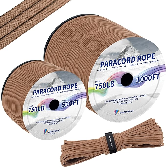 Paracordland-750LB Paracord Rope-100ft/500ft/1000ft- 9 Strand Parachute Spool Cord Heavy Duty String Ideal for Survival Gear Bracelet Camping Hikig Fishing-Wolf Brown-1000FT
