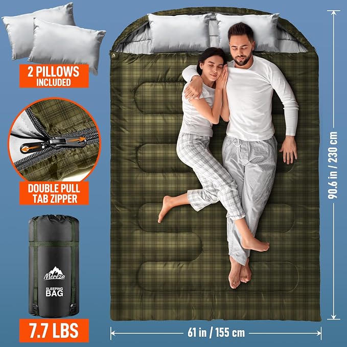 MEREZA Double Sleeping Bag for Adults Mens with Pillow, XL Queen Size Two Person Sleeping Bag for All Season Camping Hiking Backpacking 2 Person Sleeping Bags for Cold Weather & Warm