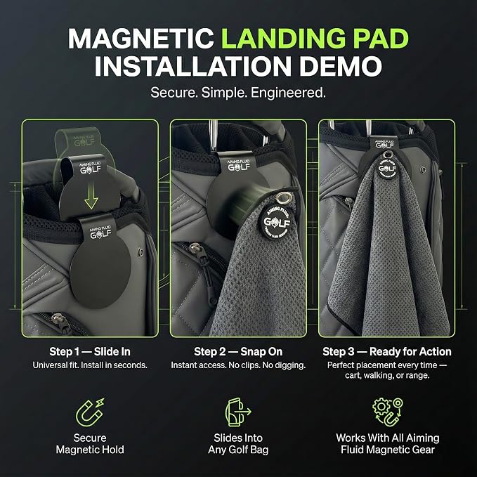 Magnetic Golf Towel & Landing Pad Bundle – Premium Microfiber Waffle Weave | Light-Duty Magnet | 3-Stage Cleaning System Universal Magnetic Docking Pad | 16"×24" Towel – Grey (Black)