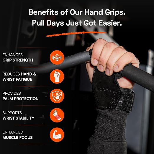 Lifting Grips for Weight Lifting, Powerlifting & Weightlifting Grips with Enhanced Grip, Double Layer Leather Gym Grips for Deadlifts & Back Workouts, Black