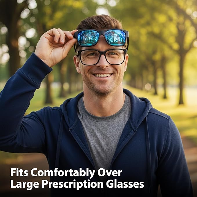 BLUE CUT Fit Over Polarized Sunglasses Driving Clip-on Over Glasses, Solar Shield Sunglasses Over Prescription Glasses