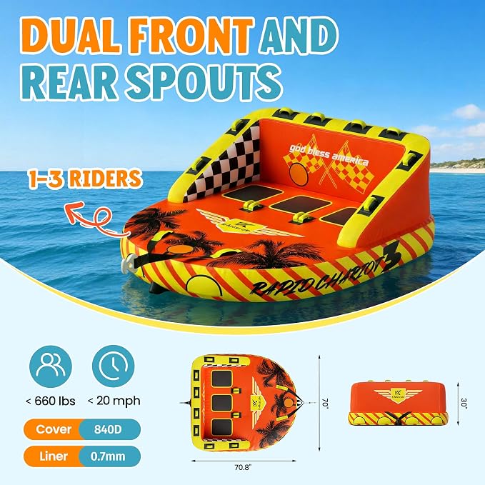 Towable Tubes for Boating - 2-3 Person Shark Battle Tank, Boat Tubes & Towables, EVA Foam Pads, Drainage, Super Safe Handle, Quick Connector
