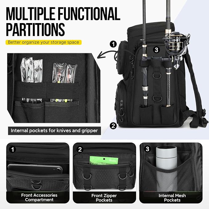 Fishing Backpack with Rod Holder, Durable Waterproof Fishing Bag, 42L Large Capacity Tackle Box Backpack (Black)