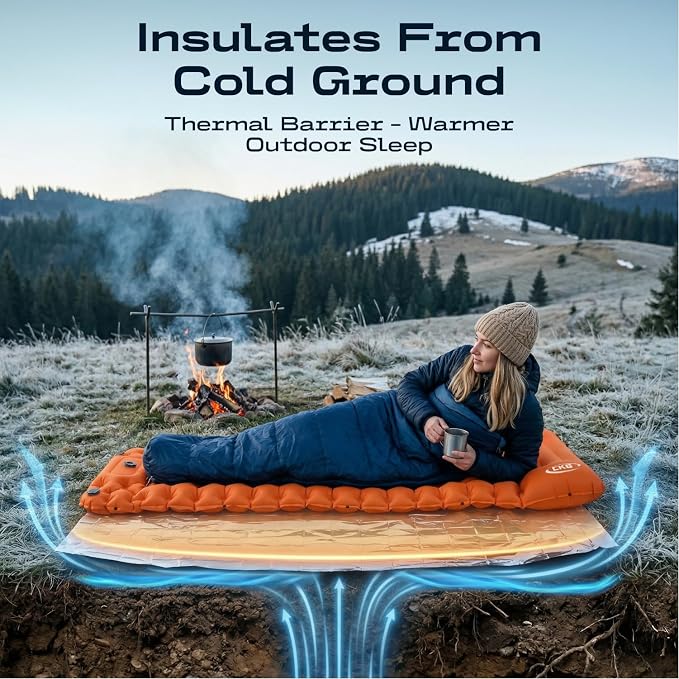 CKG Camping Sleeping Pad with Thermal Barrier, Ultralight Camping Mat 4in Thick with Pillow, Built-in Foot Pump Self Inflating Sleeping Pad for Hiking Tent Road Trip Car Camp Travel Gear, Orange