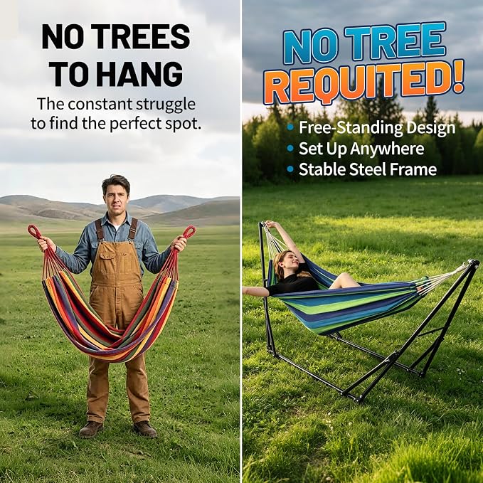 Portable Hammock with Stand for Outside Foldable,Frabic Tension Adjustable Indoor,Carrying Bag Included, 616 lbs Weight Capacity, Suitable Garden Yard Outdoor Inhouse Multicolour