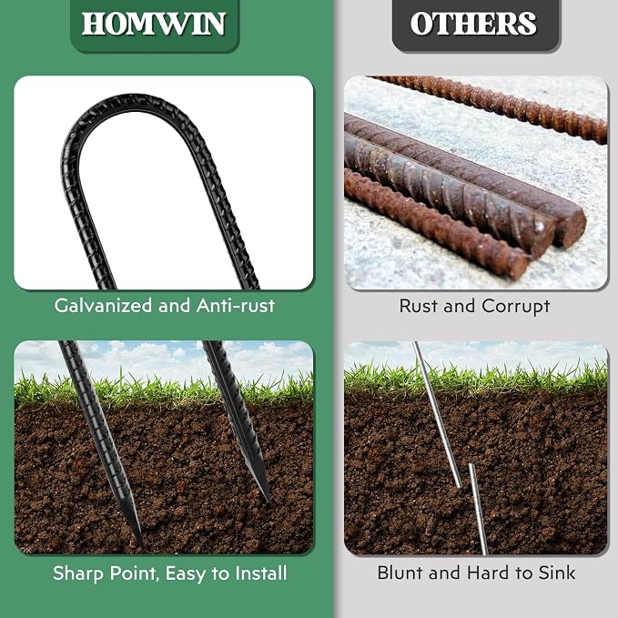 Homwin 12 inches 12-Pack Trampoline Stakes Anchors High Wind Stake Heavy Duty U Hooks for Ground Lawn Garden Yard Stakes for Decorations Swing Set Shed