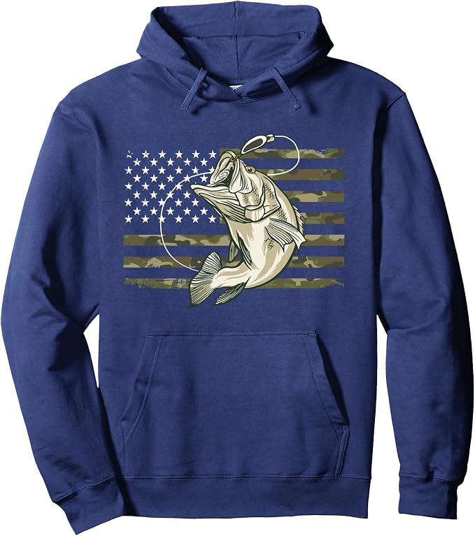 Fishing Camouflage US American Flag Bass Fish Fisherman Camo Pullover Hoodie
