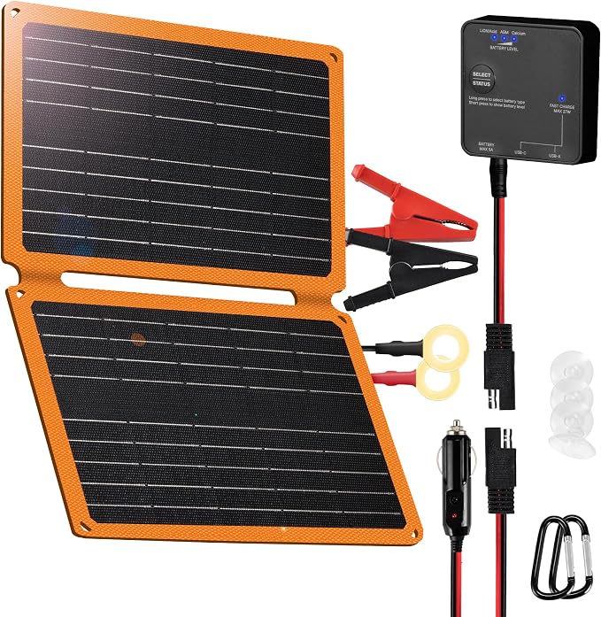 FieryRed 20W 12V Solar Panel Car Battery Charger & Maintainer, Foldable Trickle Charger with Built-in Controller, Cig Plug, Alligator Clips, USB-C, USB-A Outputs for Car, Boat, RV, Tractor
