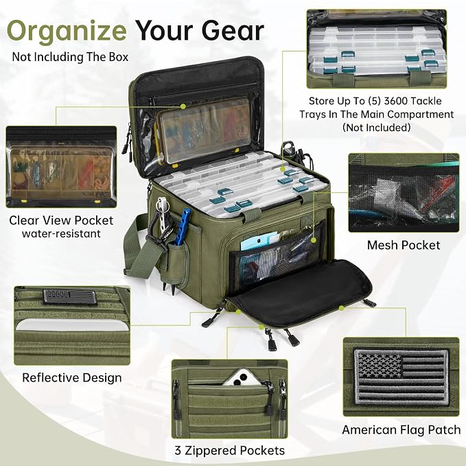Fishing Tackle Bag - Holds 3400-3600 Size Tackle Boxes -Saltwater & Freshwater Fishing Bags - Padded Shoulder Strap Fishing Bags(Green) (Bag Only)