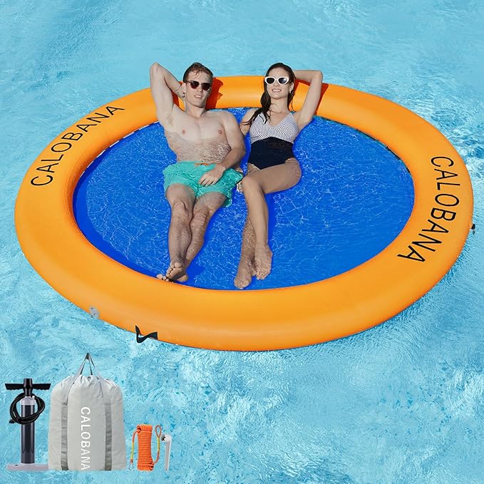 CALOBANA Round Floating Ring Inflatable Water Hammock Heavy Duty River Floats Lake Raft for Adults Tanning Pool Lounger Float Island Platform Pad Mat for Party