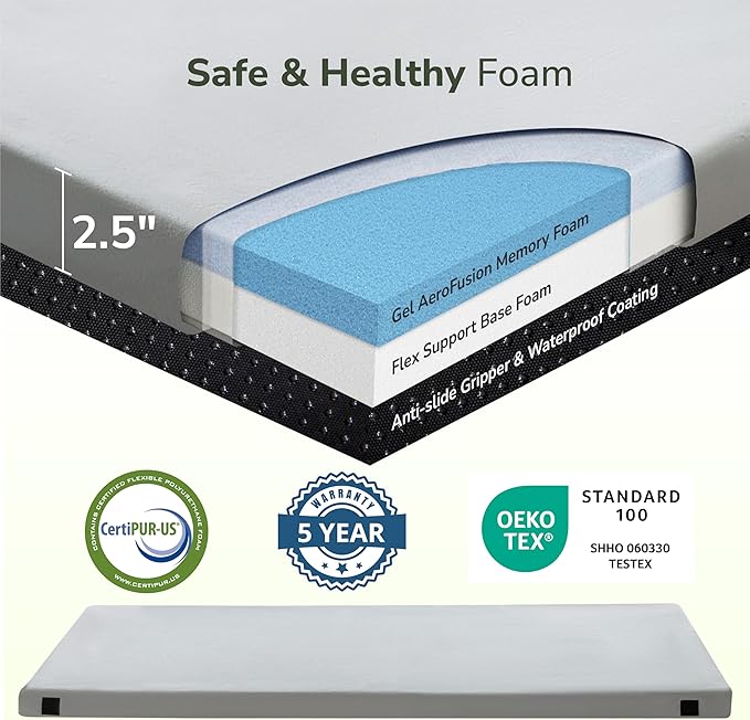 Memory Foam Camping Mattress 2.5 inch, Single Portable Roll Up Camping Sleep Topper with Waterproof and Non-Slip Bottom, Camping Car Mat with Travel Bag, 75"×30"×2.5", Grey
