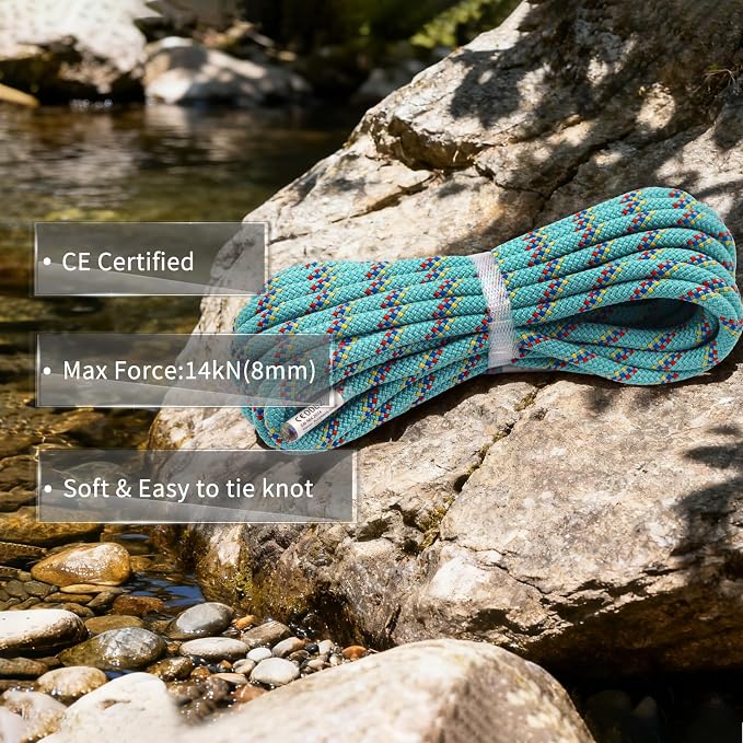 NewDoar CE & UIAA Certificated 5/16(8mm) Static Climbing Rope 14KN High Strength Accessory Cords 33FT/66FT/98FT/165FT Safety Rope for Rock Climbing, Outdoor Survival, Hiking, Mountaineering