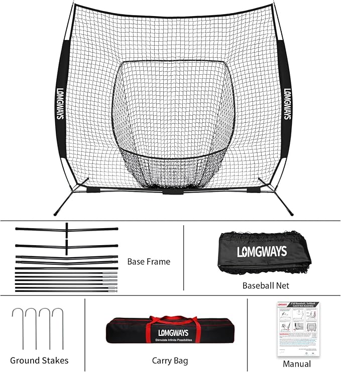 7x7ft/8x8ft Baseball Softball Net with Steel Frame for Batting, Hitting, Pitching, Portable Baseball Batting Net with Carry Bag, Great for All Levels