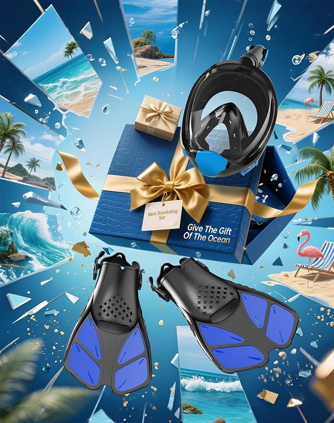Viginsul Mask Fins Snorkeling Gear for Adults, Full Face Snorkel Mask & Adjustable Swim Fins Snorkel Set, Panoramic View Snorkel Mask Dry Top Anti-Fog Anti-Leak