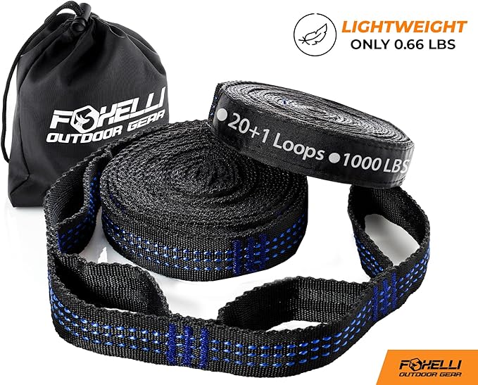 Foxelli XL Hammock Straps - Extra Long 20FT Heavy Duty No-Stretch Suspension System, 40+2 Loops, 2000 LBS Capacity, for Indoor/Outdoor Use – Set of 2 Straps & Carry Bag