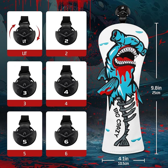 Big Crazy Golf Head Covers, Golf Club Covers Funny, Driver Headcovers, Golf Club Covers, Fairway Woods Head Covers, Hybrids Headcover, Putter Cover with Soft Lining for Golf Gift Hammerhead Sharks