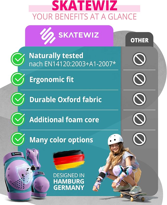 SKATEWIZ Skateboard Pads Protective Gear Set for Kids and Adults - Smash - Roller Skate Pads [6pc] with Wrist Guards - Skating Protective Gear - Roller Derby