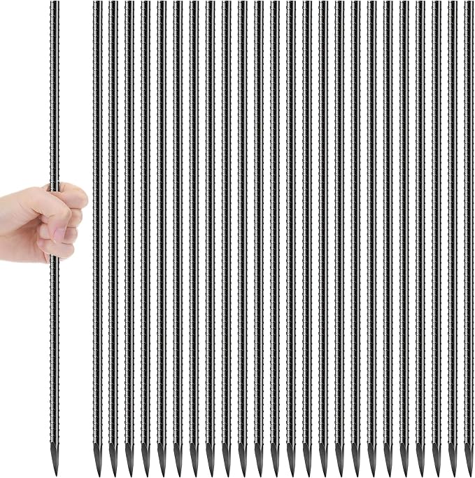 Jetec 24 Pcs 12 Inch Black Ground Rebar Stakes Heavy Duty Ground Anchors Steel Plant Support Garden Stake Long Straight Metal Spikes with Chisel Point End for Garden Concrete Plant Tent