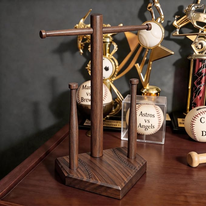 Walnut Baseball Ring Holder Wooden Baseball Softball Drip Necklace & Championship Ring Holder, Softball Jewelry Organizer Display, Solid Wood Baseball Necklace Holder Gift - 3 Rods + 1