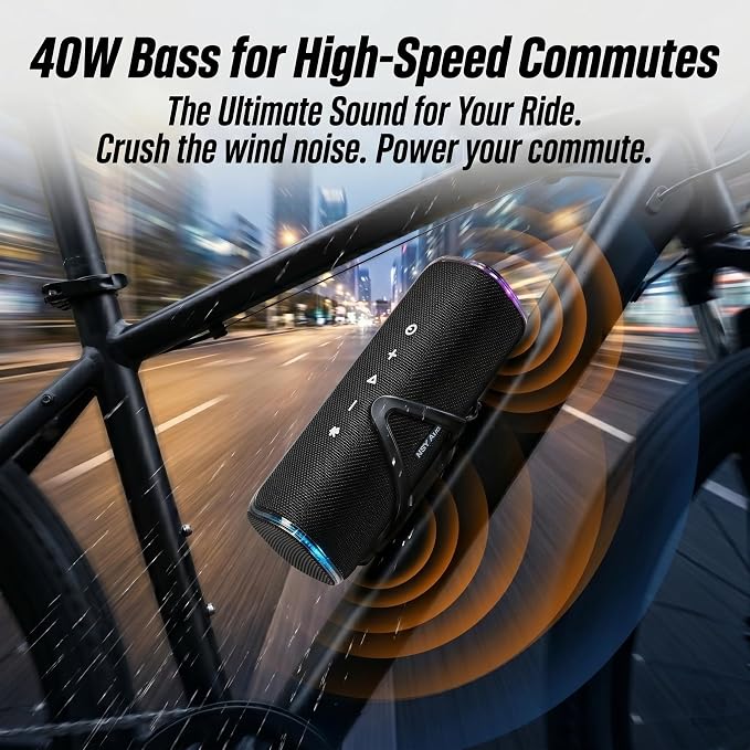 Bass Boosted Bluetooth Bike Speaker, IPX7 Waterproof | 30W RMS (40W Peak) Portable Wireless Outdoor Audio, 25H Playtime, LED Lights, TWS Pairing for Pool, Shower, Gifts (Black)
