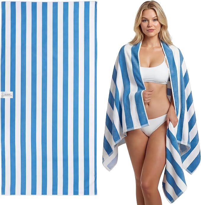 JOYMOOP 3-Pack Microfiber Beach Towel Set – 70" x 35.4" Ultra-Absorbent Beach Towels Oversized, Sand-Free & Portable, Quick-Dry Cabana Stripe Towels with Travel Storage Bags (Blue & White)