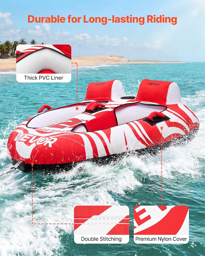 VEVOR Towable Tubes for Boating, 2-Rider Inflatable Boat Tubes and Towables, 340 lbs Capacity Water Sport Tubes for Boat to Pull - with 2 Cockpits, Full Nylon Cover, Padded Grab Handles & Safety Valve