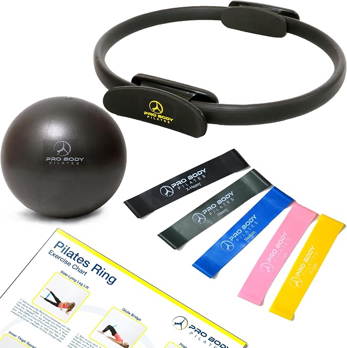 ProBody Pilates Home Workout Bundle (3pcs) - Black 14" Magic Circle, 9" Mini Exercise Ball and 5 Resistance Bands Bundle for Stability, Barre, Yoga, and Physical Therapy