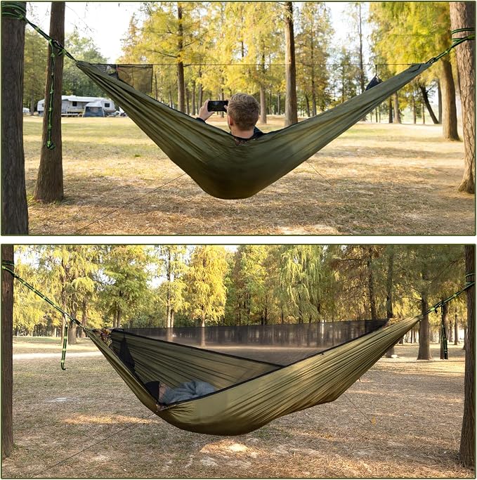 Night Cat Hammock with Mosquito Net: Portable Kit with Sleeping Pad for Solo Camping Durable Nylon Compact Lightweight Spacious 11ft Hammock for Backpacking Hiking Travel Yard and Outdoor Activities