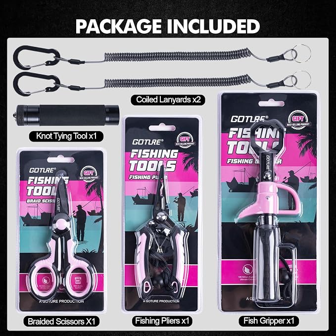 Goture Fishing Tool Kit,Fishing Pliers,Fillet Knife with Sheath,Fish Lip Gripper,Fish Hook Remover,Lanyard,Line Scissors,Sharpener,Stainless Steel Soap,Saltwater Gear Kit,Red/Pink,Gifts for Men/Women